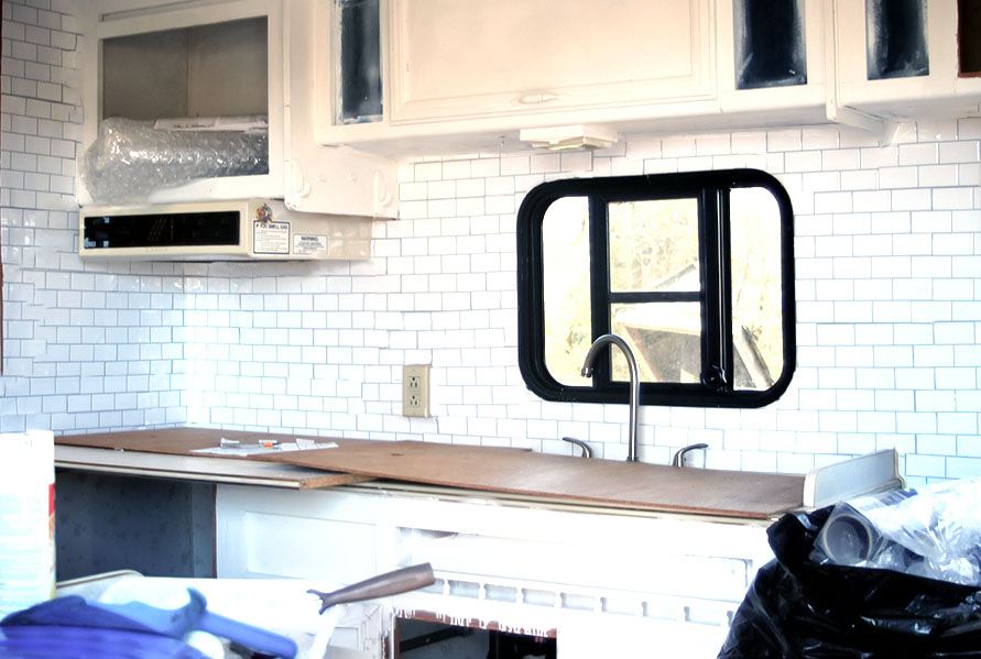 rv kitchen facelift with crystiles subway tiles